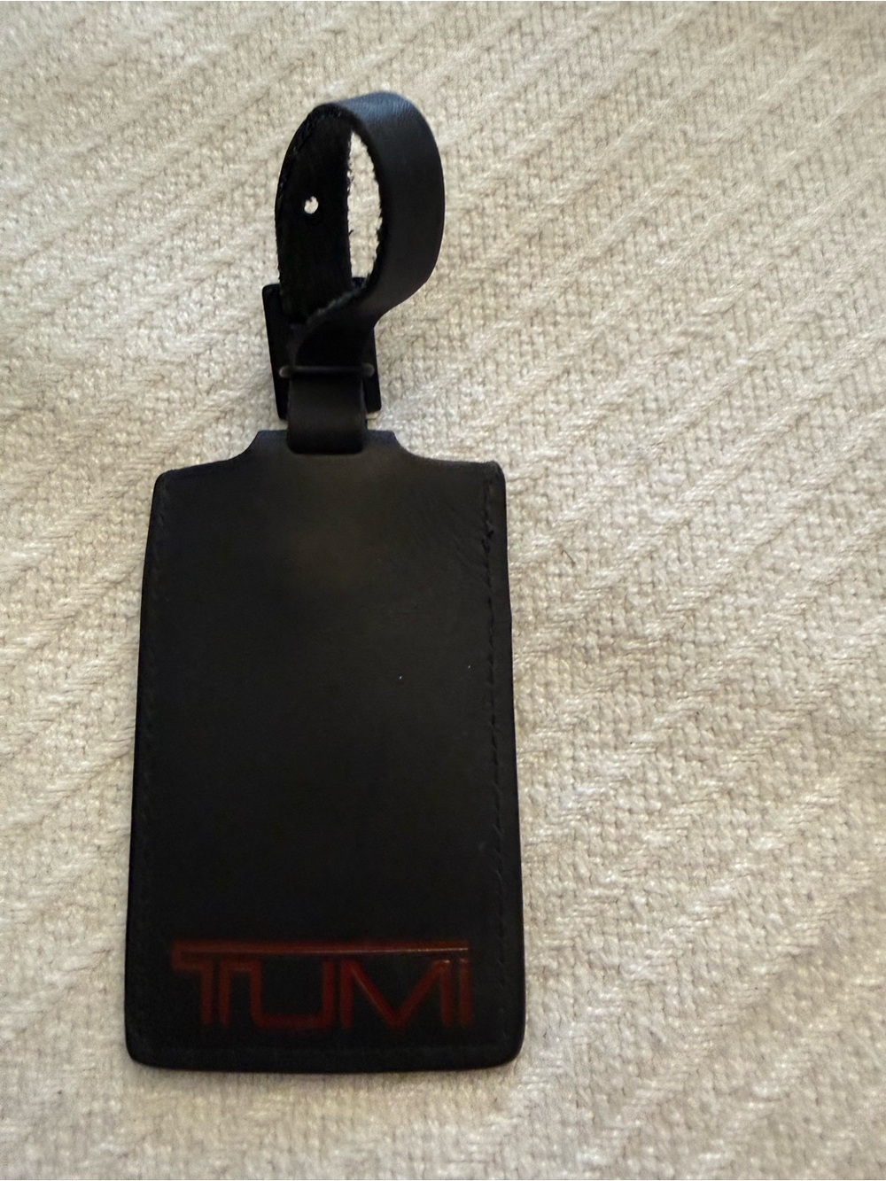 Tumi Black Leather Luggage Tag with Red Logo
